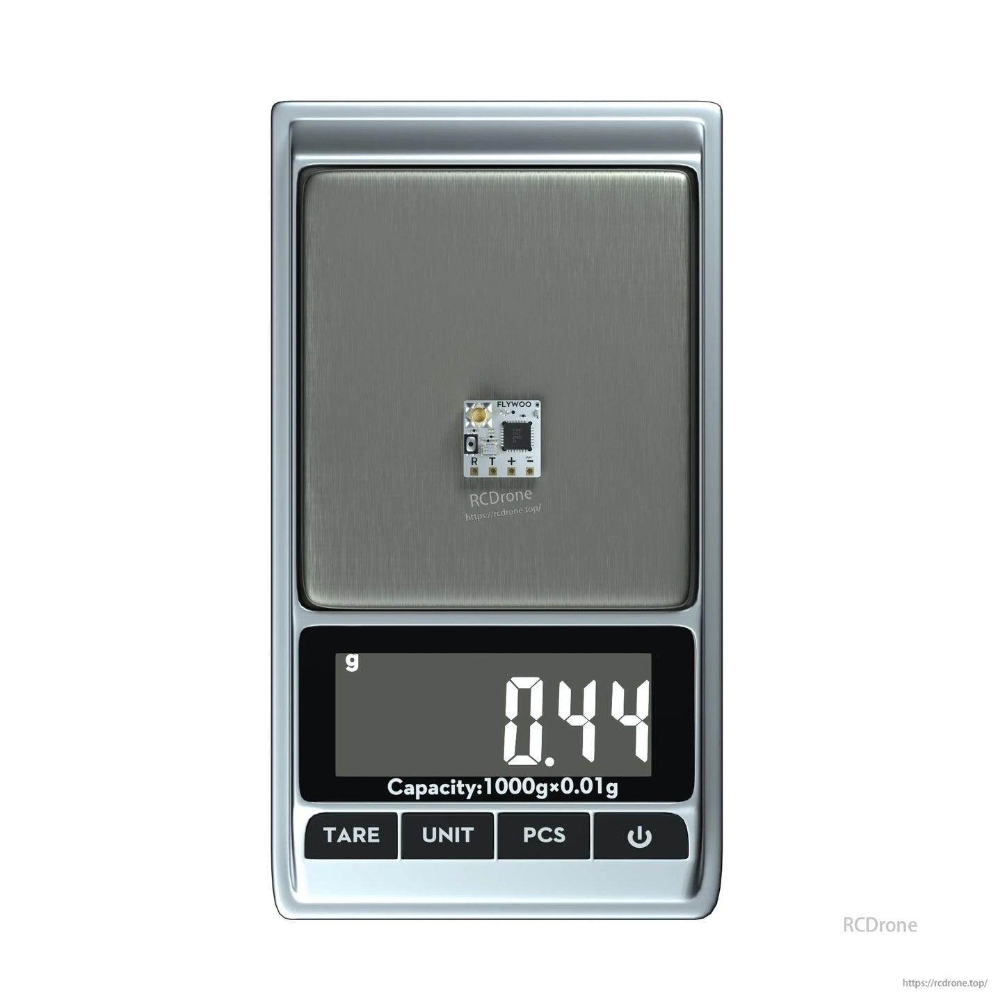 Flywoo TCXO 2.4G ELRS Receiver, Flywoo 2.4GHz ELRS receiver module on a digital scale showing 0.44g weight, compact PCB with solder pads