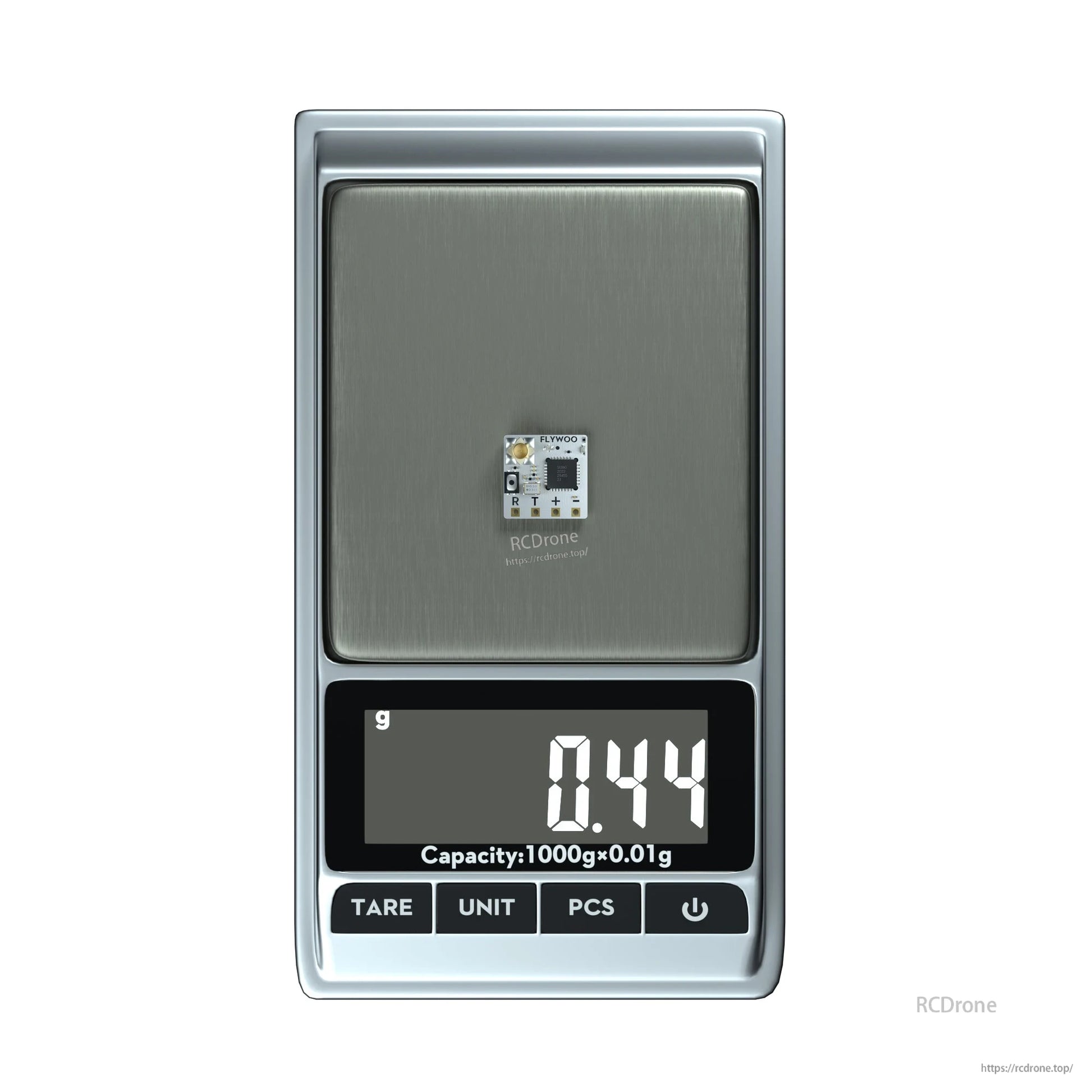 Flywoo TCXO 2.4G ELRS Receiver, Flywoo 2.4GHz ELRS receiver module on a digital scale showing 0.44g weight, compact PCB with solder pads