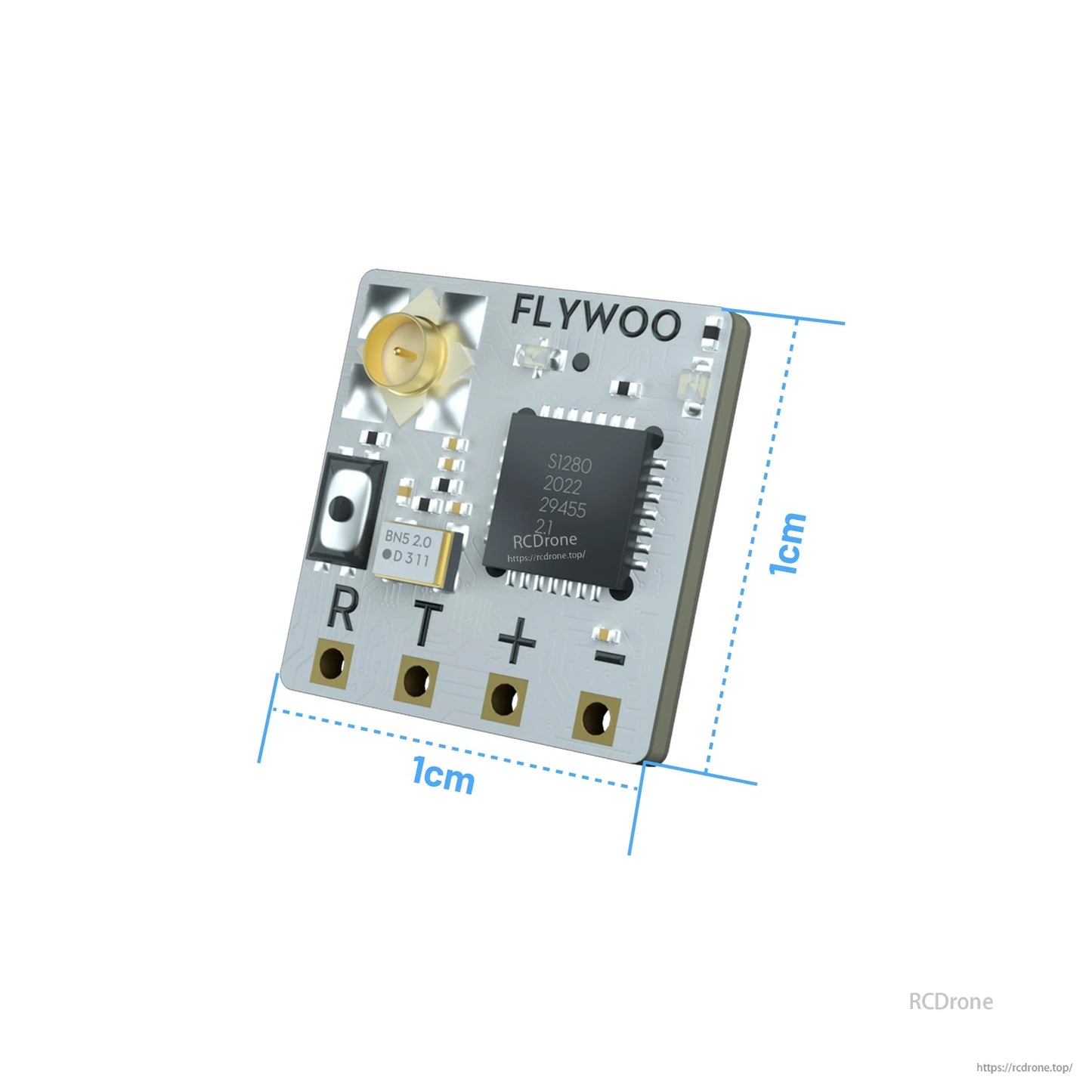 Flywoo TCXO 2.4G ELRS Receiver, Flywoo 2.4G ELRS receiver board (10x10mm) with U.FL antenna connector and R/T/+/- solder pads
