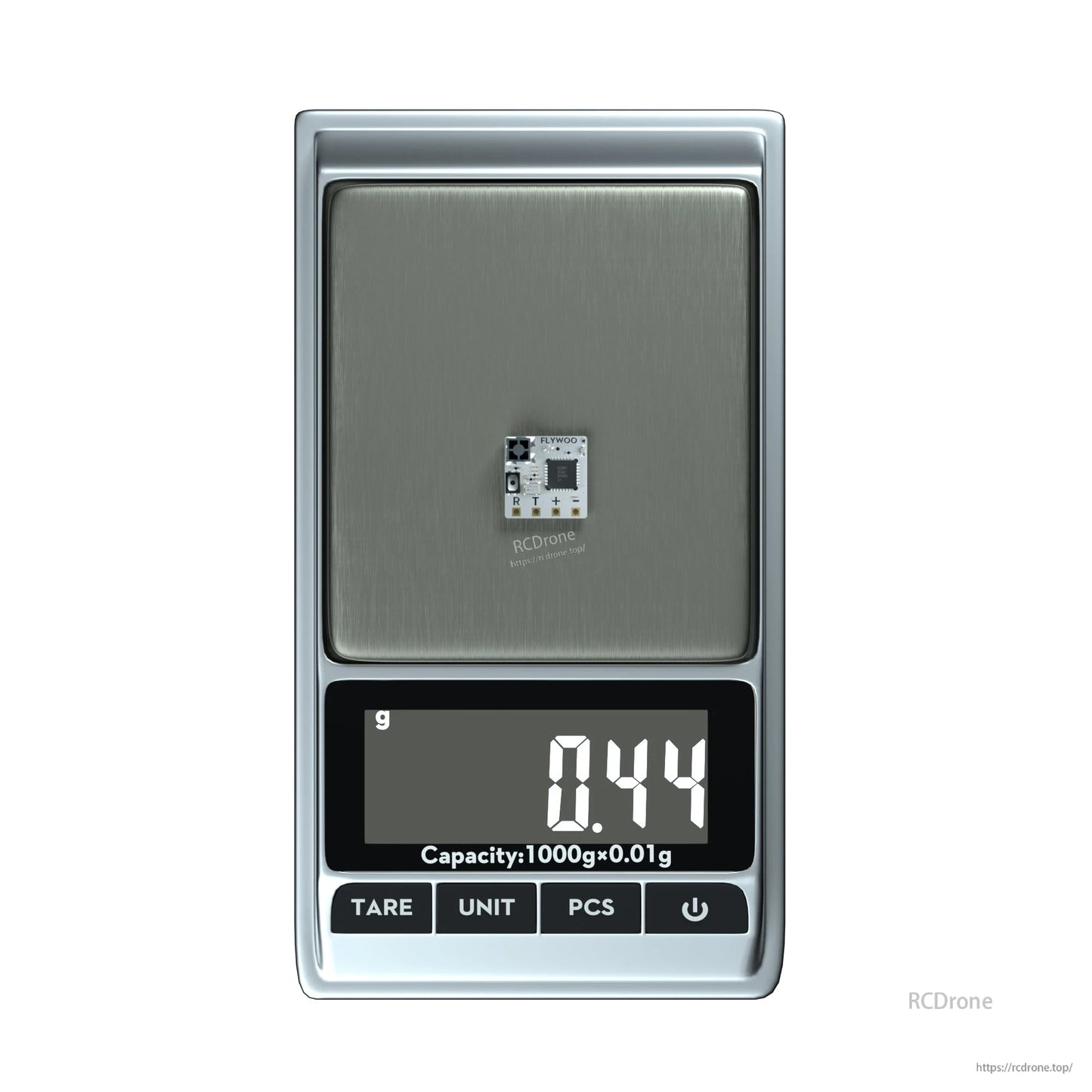 Flywoo TCXO 2.4G ELRS Receiver, Flywoo 2.4GHz ELRS receiver micro PCB on a digital scale reading 0.44 g