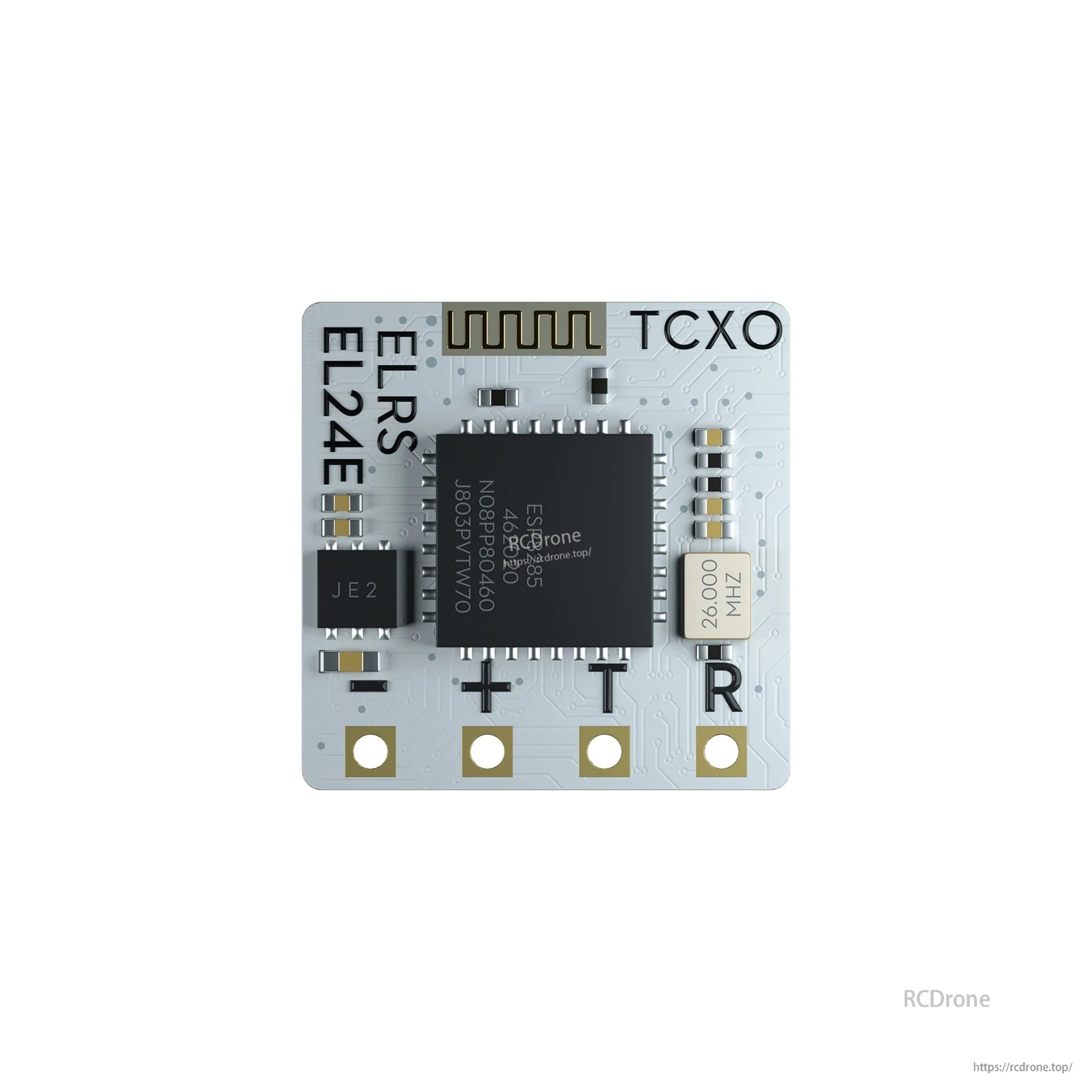 Flywoo TCXO 2.4G ELRS Receiver, Flywoo ELRS EL24E 2.4GHz receiver with TCXO and ESP8285, onboard PCB antenna, and labeled power, T and R solder pads