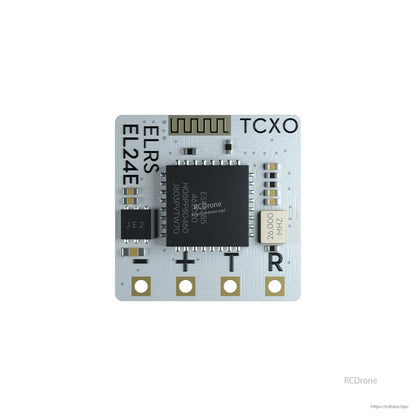 Flywoo TCXO 2.4G ELRS Receiver, Flywoo ELRS EL24E 2.4GHz receiver with TCXO and ESP8285, onboard PCB antenna, and labeled power, T and R solder pads
