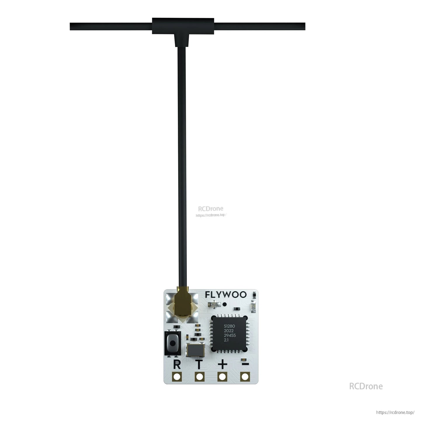 Flywoo TCXO 2.4G ELRS Receiver, Flywoo 2.4GHz ELRS receiver PCB with T-style antenna lead and R/T/+/– solder pads