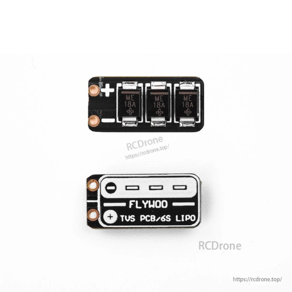 Flywoo TVS power filter PCB for 6S LiPo with + and - solder pads and three surface-mount components