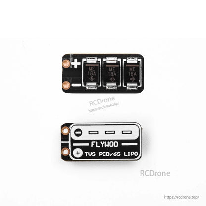 Flywoo TVS power filter PCB for 6S LiPo with + and - solder pads and three surface-mount components