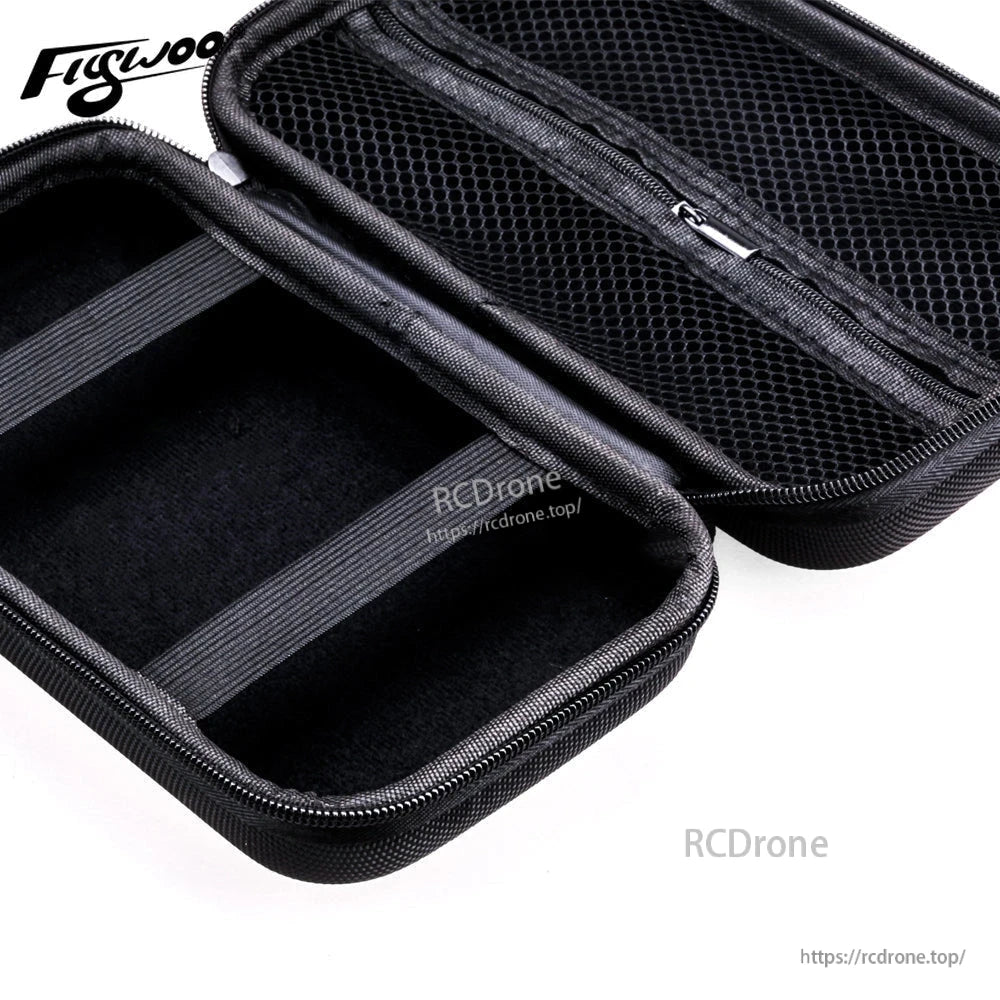 Open Flywoo tool bag with zip closure, elastic tool straps, and a mesh pocket inside the lid