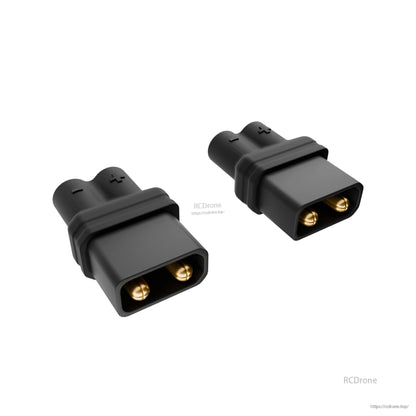 Pair of black XT30 battery connectors with gold contacts and +/− polarity markings for RC power leads