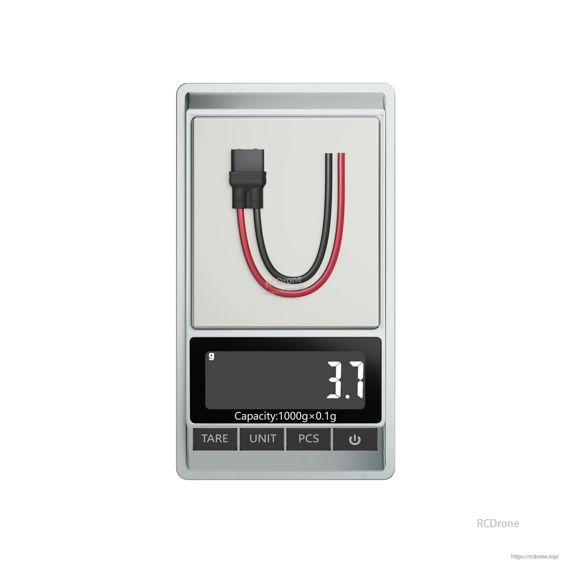 XT30 battery connector pigtail with red and black leads on a digital scale reading 3.7 g