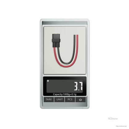 XT30 battery connector pigtail with red and black leads on a digital scale reading 3.7 g