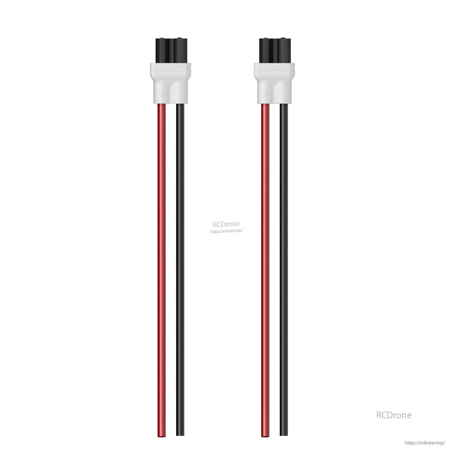 Pair of XT30 battery connector pigtails with red and black silicone wires and white housings