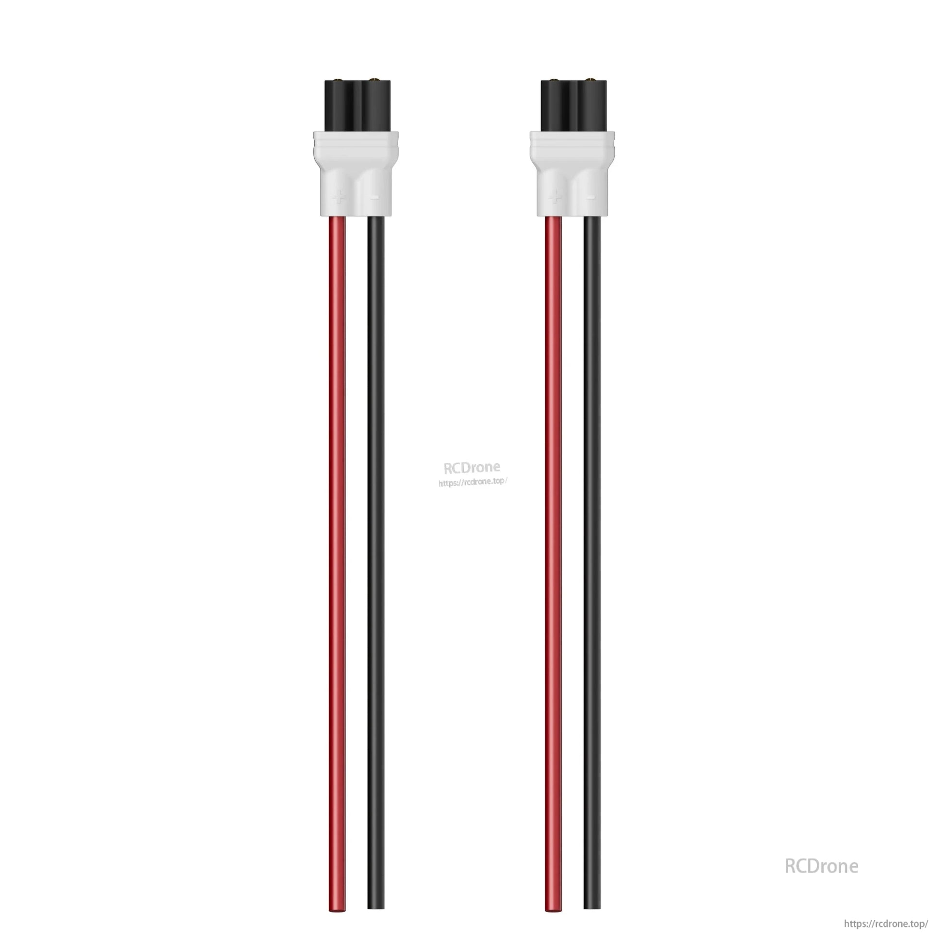 Pair of XT30 battery connector pigtails with red and black silicone wires and white housings