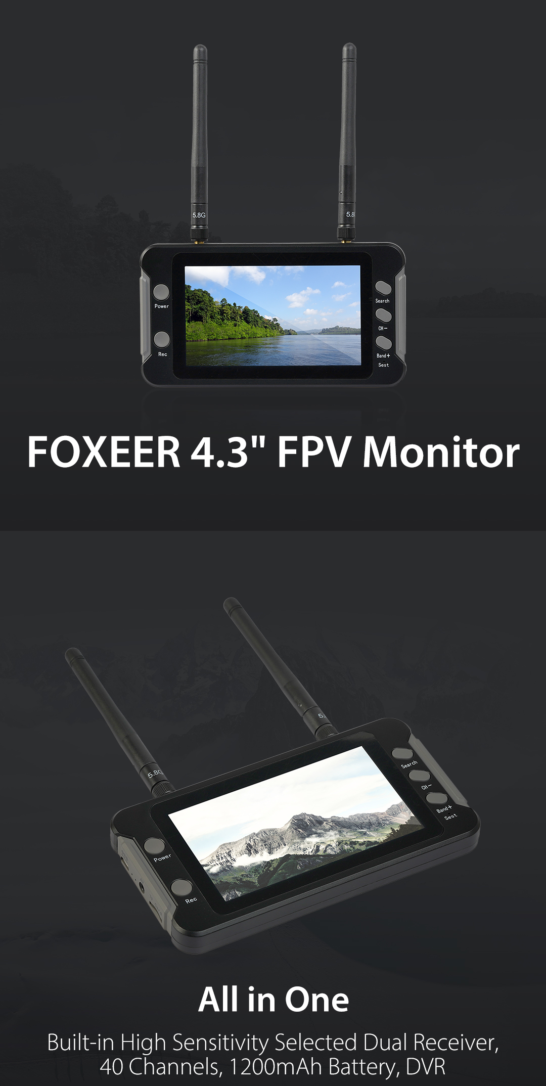 Foxeer 4.3" FPV Monitor 5.8G 40CH Build in DVR Receiver Battery