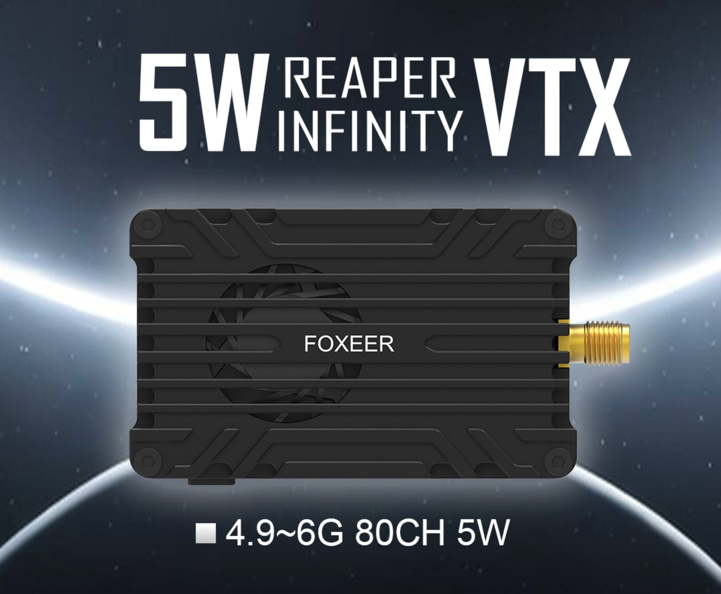 Foxeer 4.9G~6G Reaper Infinity V2 5W 80CH VTX, Foxeer Reaper Infinity V2 transmitter supports 4.9-6GHz frequency range for FPV racing and drone use.