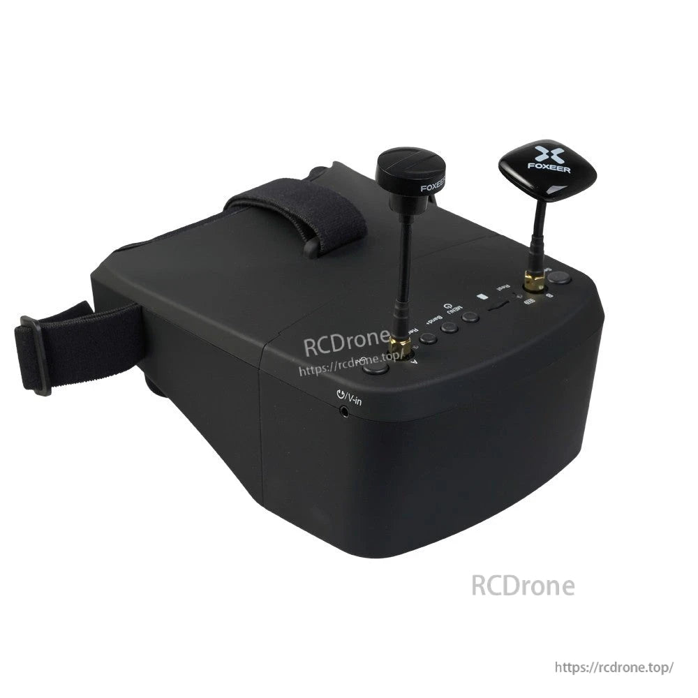 Foxeer 5.8G 40CH Dual Receiver FPV Goggle, Foxeer FPV box goggles with dual receiver antennas, top control buttons, and adjustable head strap