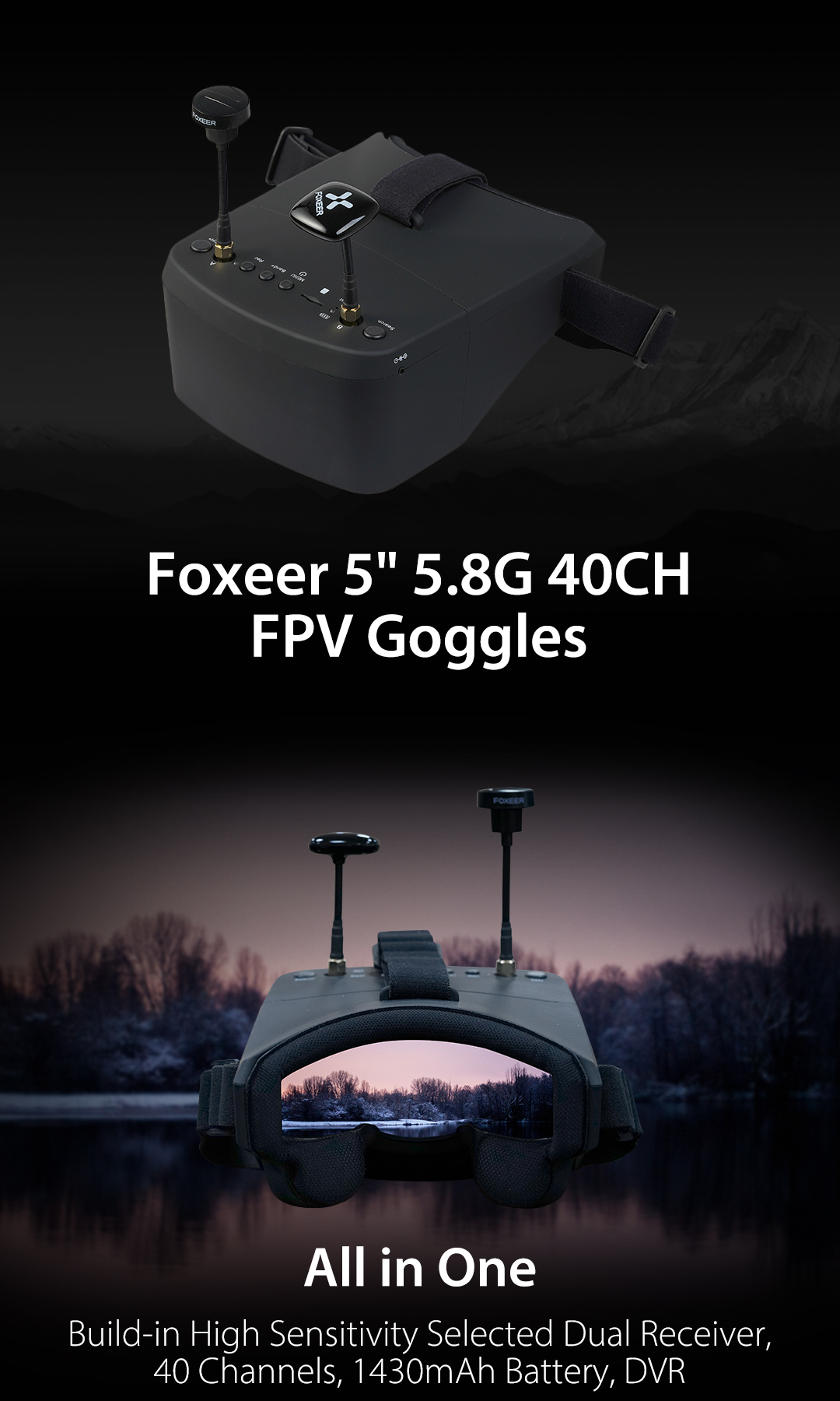 Foxeer 5.8G FPV Goggles 40CH Dual Receiver Battery DVR