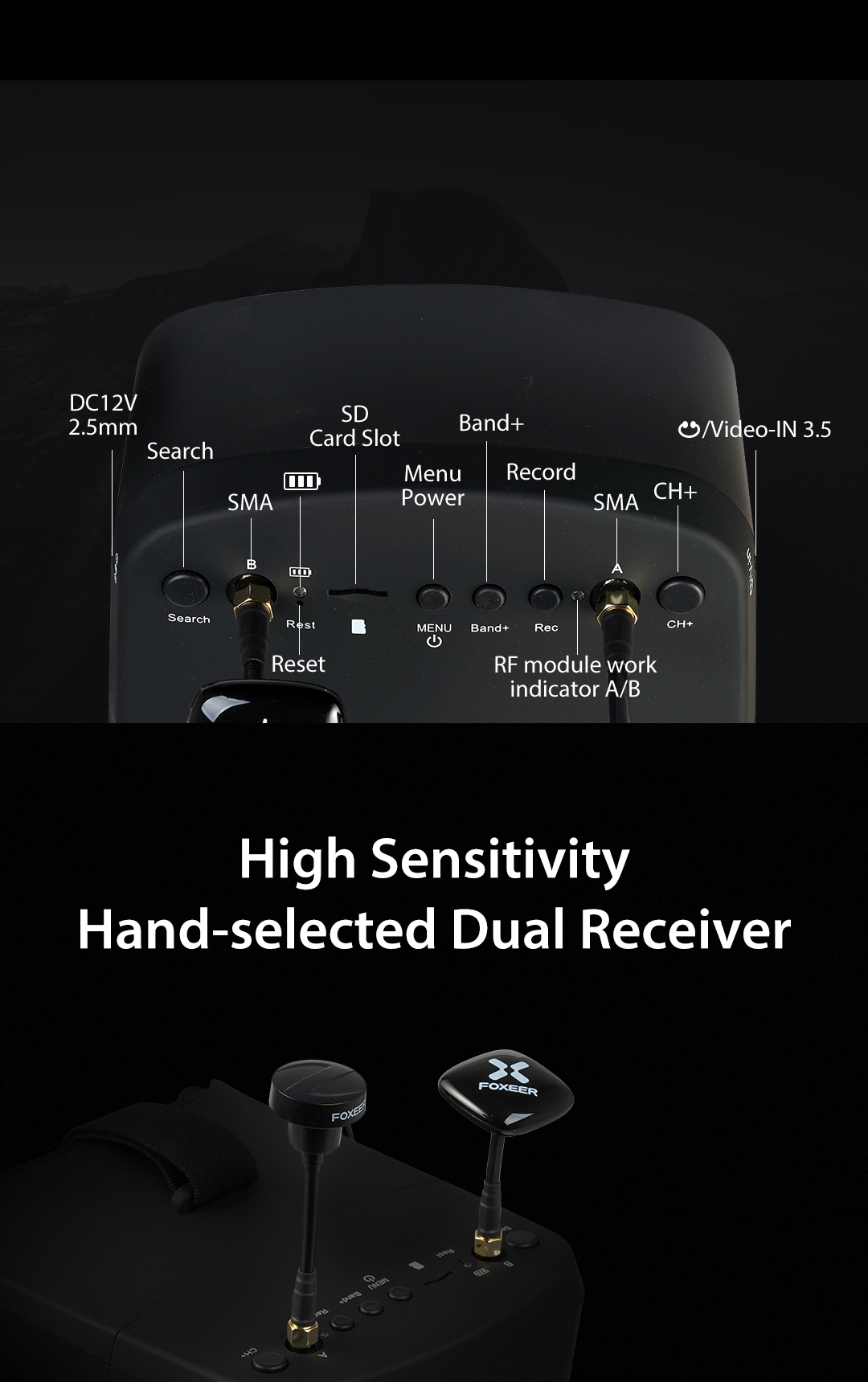 Foxeer 5.8G FPV Goggles 40CH Dual Receiver Battery DVR