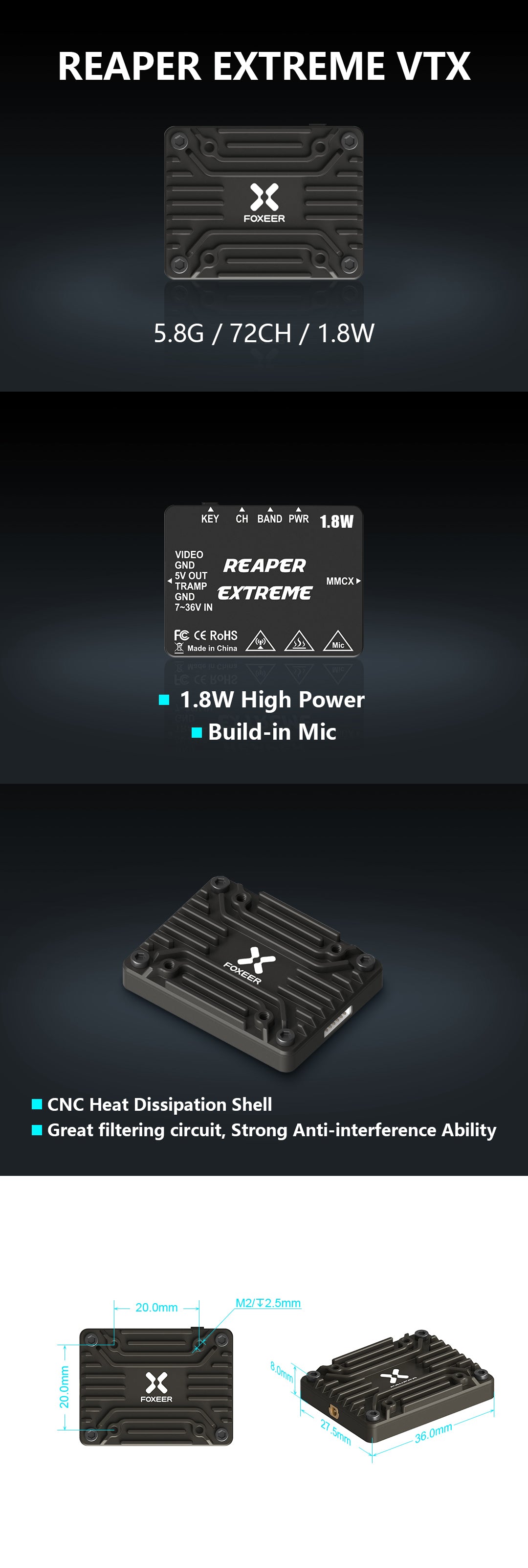 Foxeer 5.8G Reaper Extreme 1.8W 72CH VTX, Foxeer Reaper Extreme VTX camera module features 5.8GHz, 72 channels, and 1.8W output power.