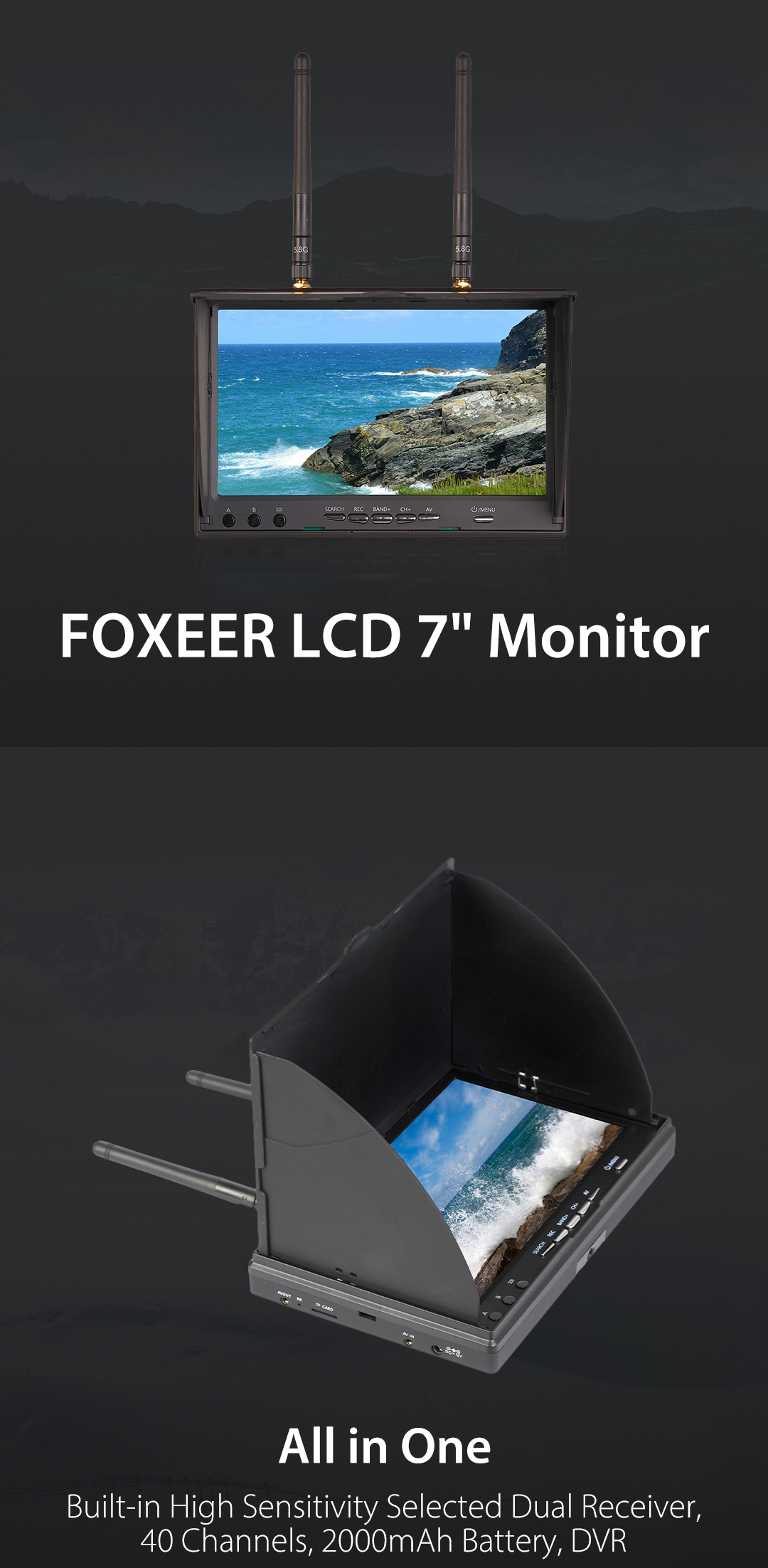 Foxeer 7" LCD5802D Monitor DVR 5.8G 40CH Built in Receiver
