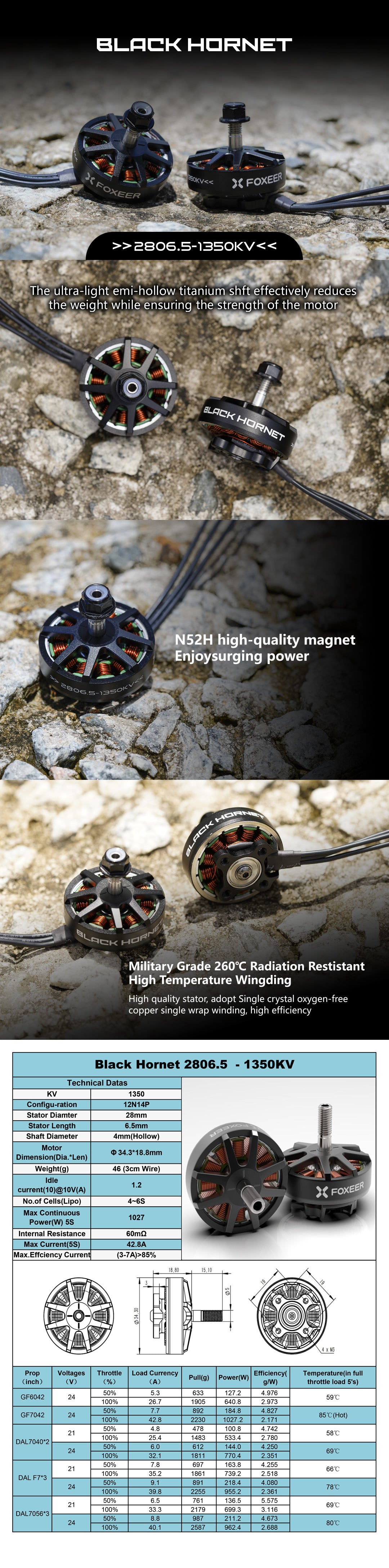 Foxeer Black Hornet 2806.5 1350KV FPV Motor, The Foxeer Black Hornet 2806.5 motor features an ultra-light titanium shaft and high-quality magnet for efficiency and strength.