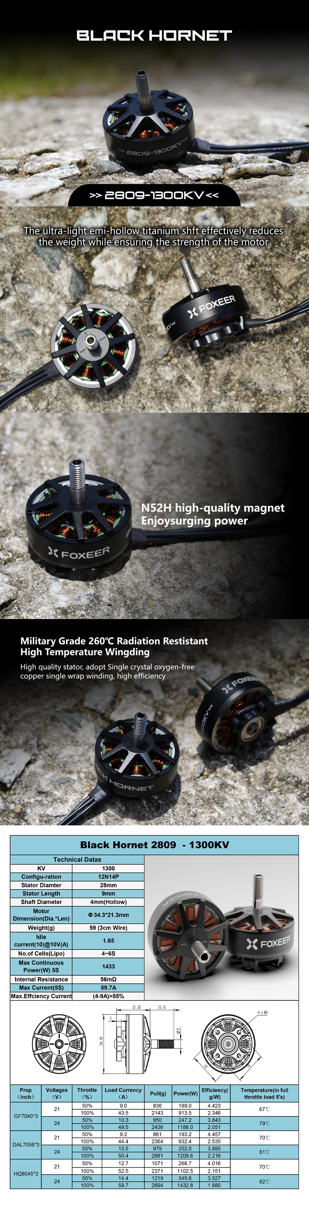 Foxeer Black Hornet 2809 1300KV FPV Motor, The Foxeer Black Hornet 2809 motor features a lightweight titanium shaft, high-quality magnets, and a high-efficiency stator design.