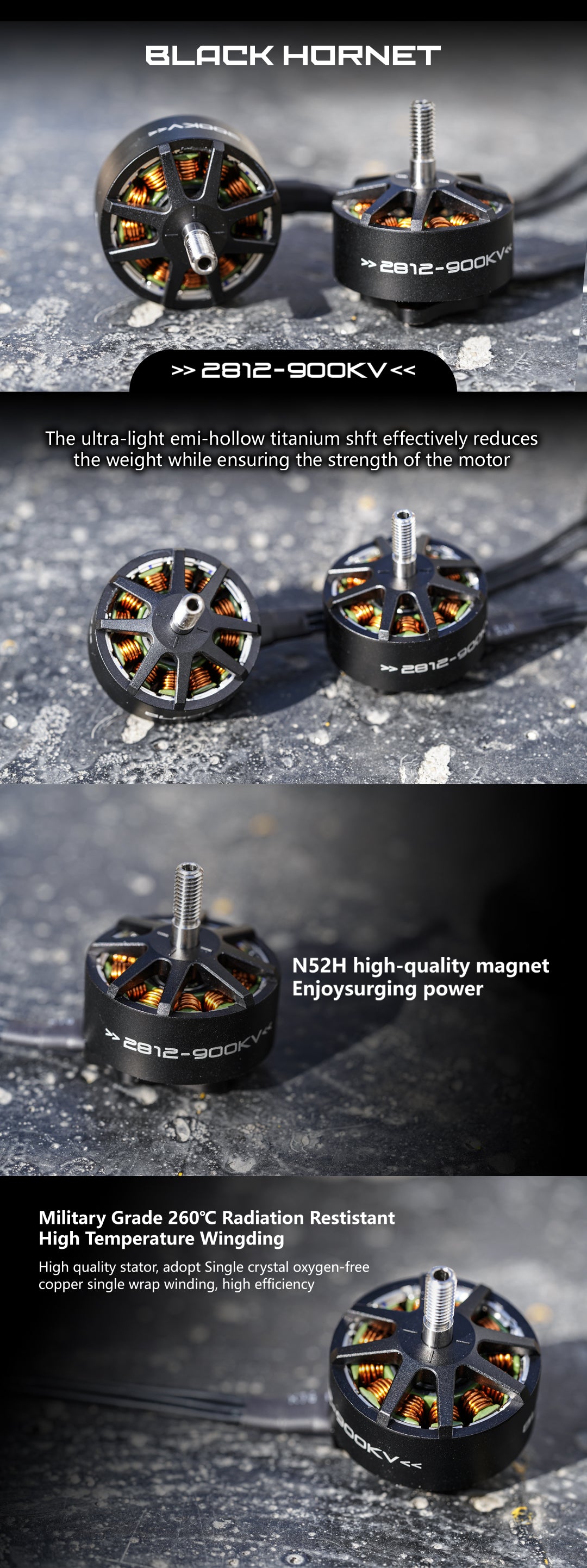 Foxeer Black Hornet 2812 900KV FPV Motor features ultra-light EMI-hollow titanium shaft, surging power, durability, and high efficiency.