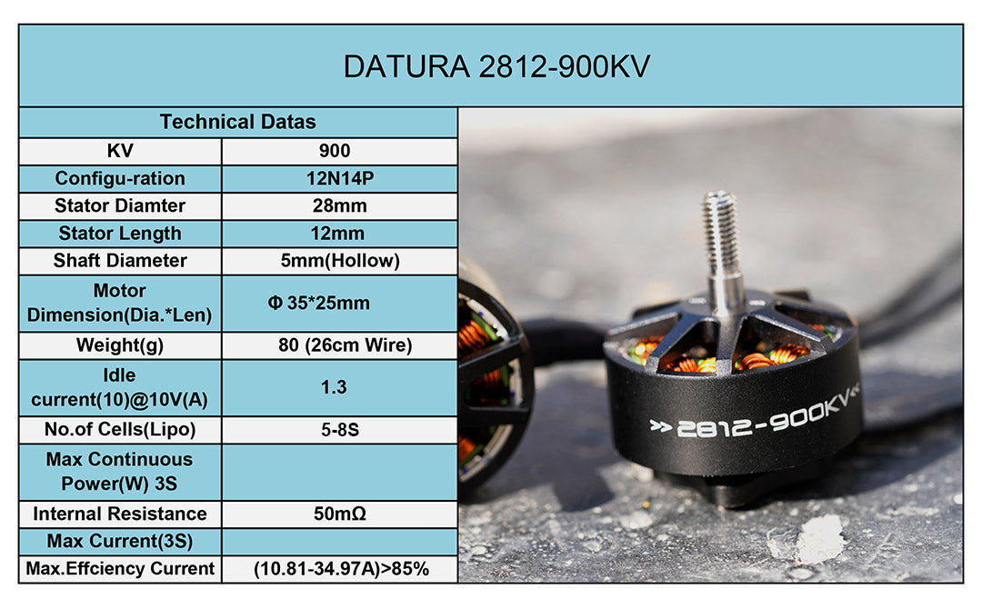 The Foxeer Black Hornet 2812 900KV FPV Motor features a KV of 900, with dimensions and specifications for motor and power.