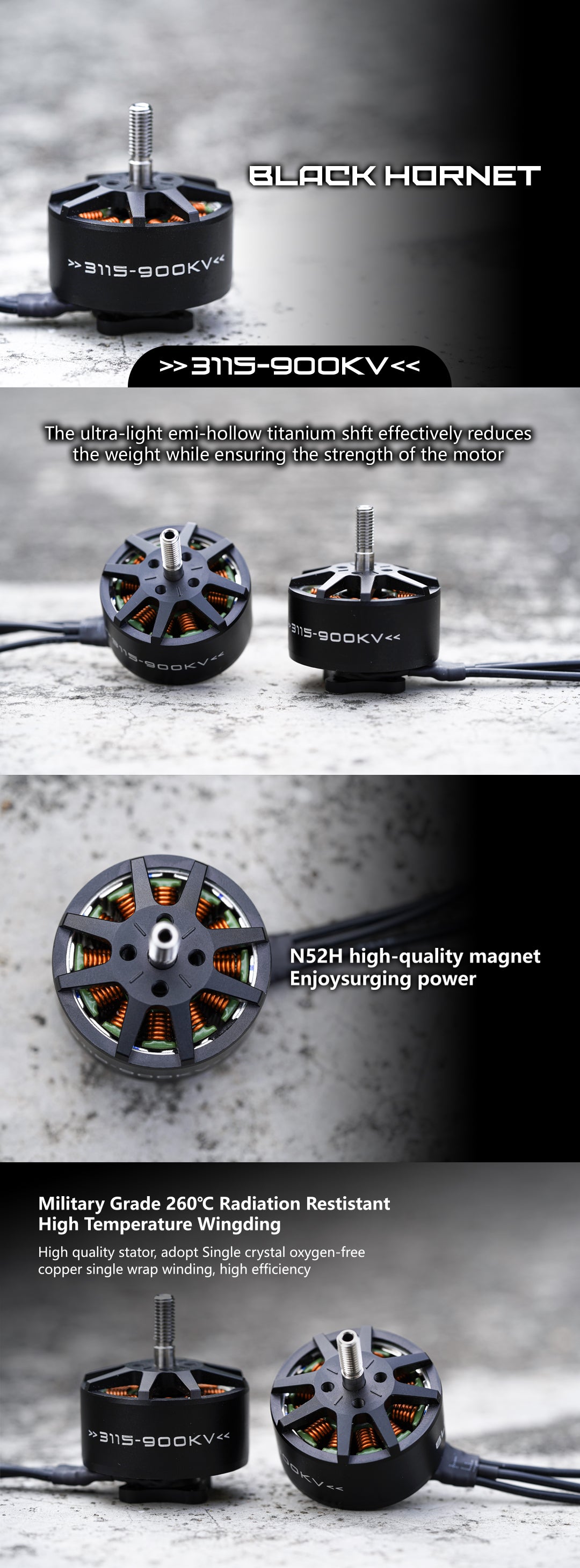 Foxeer Black Hornet 3115 900KV FPV Motor, The Foxeer Black Hornet 3115 motor features an ultra-light titanium shaft, high-quality magnets, and a reliable design.