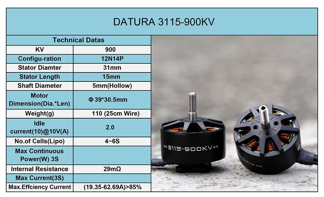 The Foxeer Black Hornet 3115 900KV FPV Motor features a KV of 900, dimensions, and specifications for use with 4-6S Lipo batteries.