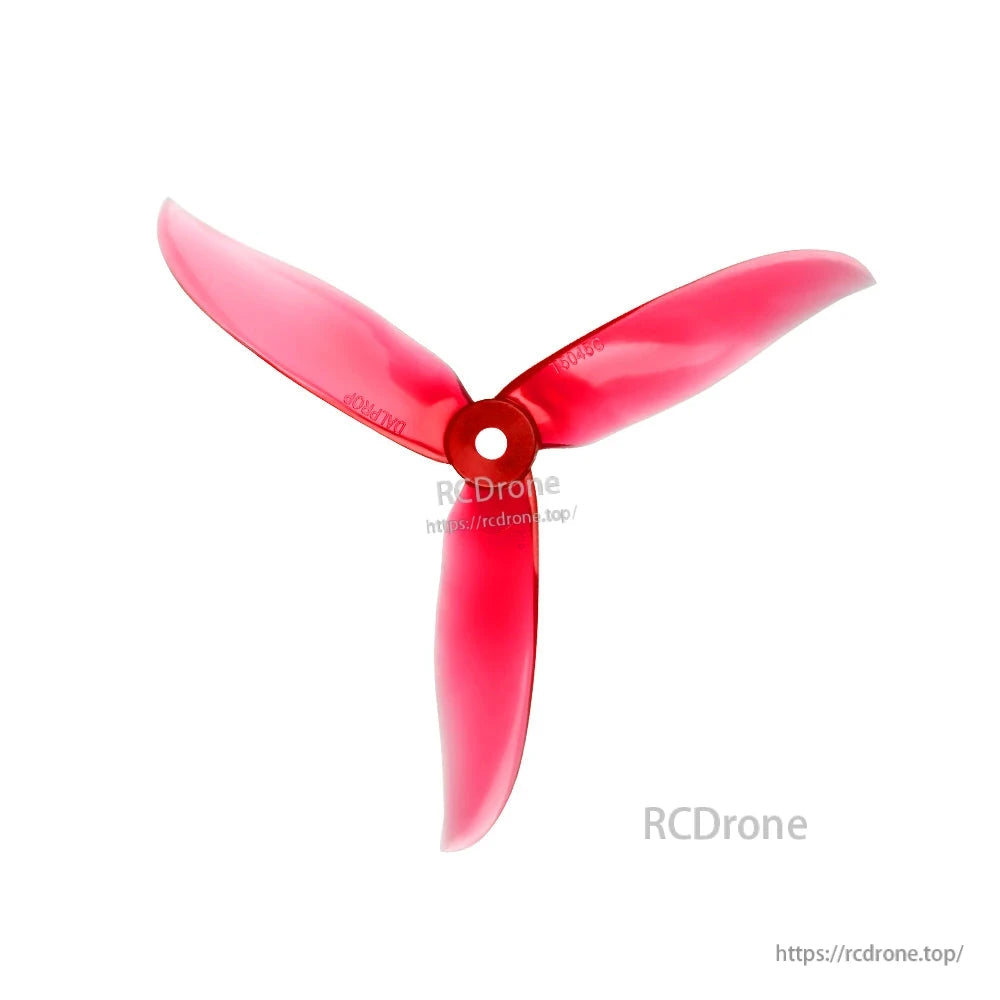 Translucent red Dalprop T5045C tri-blade FPV drone propeller with center mounting hole
