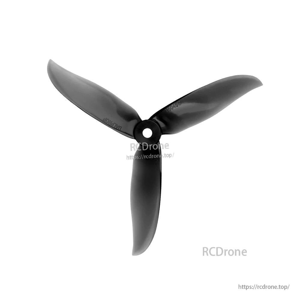 Black tri-blade 5-inch FPV drone propeller with smooth blades and a centered mounting hub
