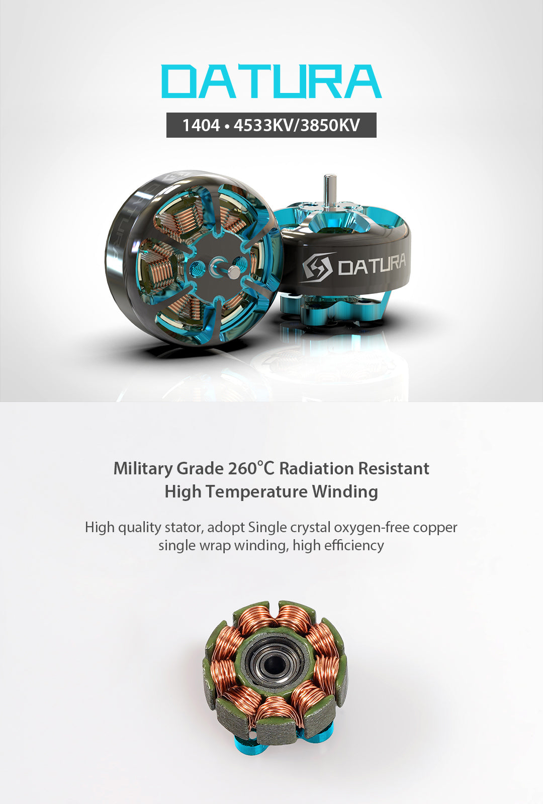 Foxeer Datura 1404 3850KV 4533KV FPV Motor, Motor features 4533KV/3850KV specification, radiation-resistant design, high-quality stator and single-crystal copper wiring for improved efficiency.