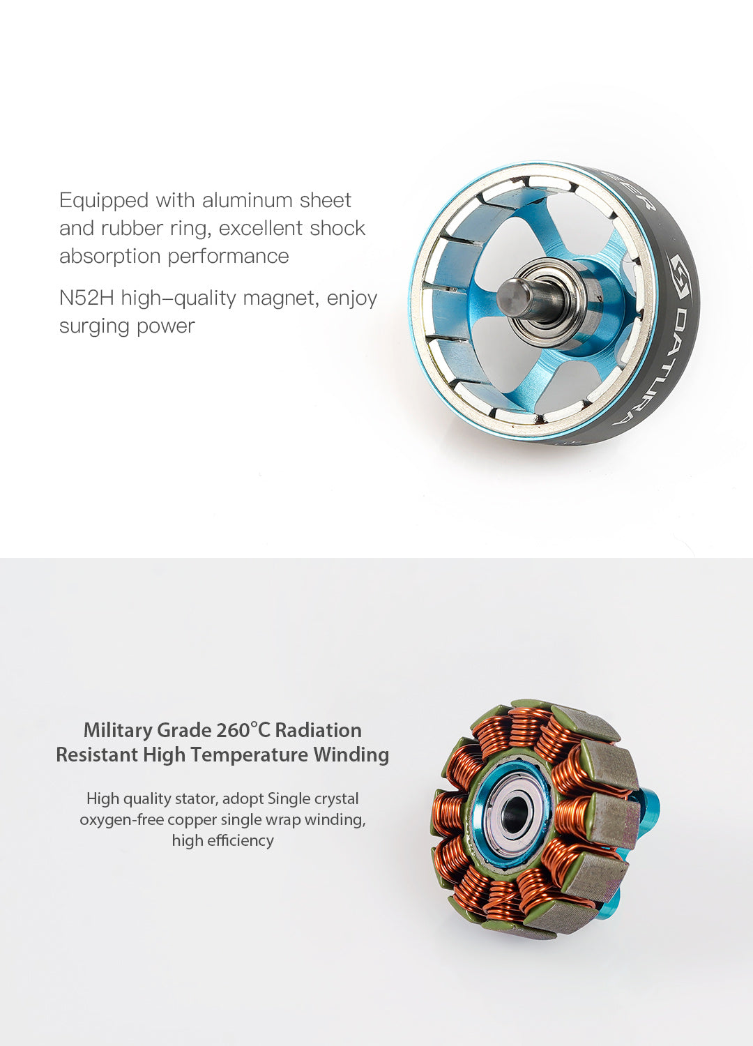 Foxeer Datura 2105.5 1650KV 2950KV FPV Motor. Foxeer Datura motor features aluminum sheet. rubber ring. N5ZH magnet. military-grade components. single-crystal copper for shock absorption and high efficiency.