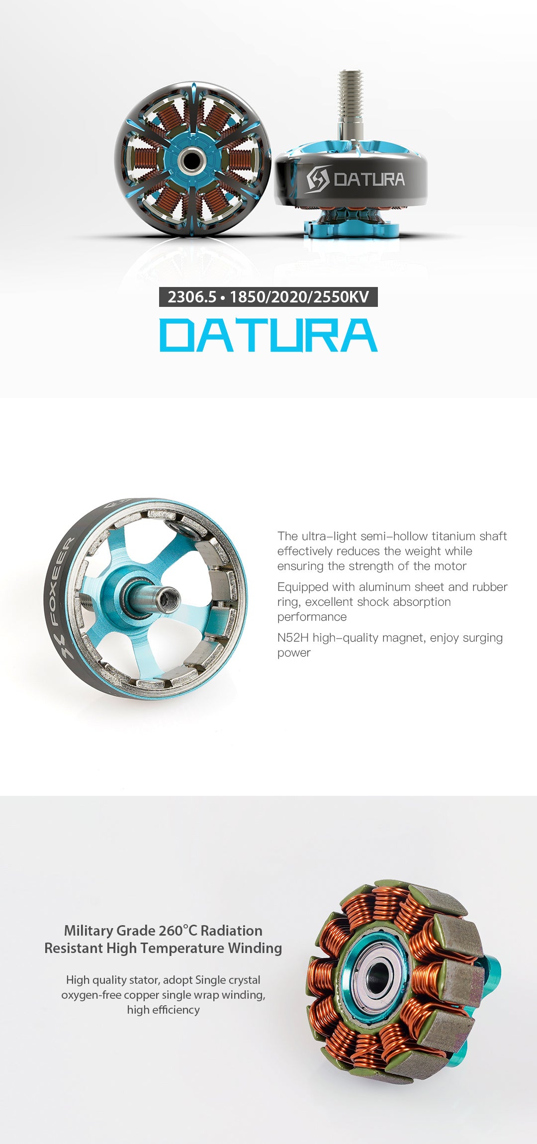 Foxeer Datura 2306.5 1850KV 2550KV FPV Motor. The Foxeer Datura motor features lightweight titanium shaft. shock absorption. N52H magnets. and high-quality materials for surging power and efficient performance.