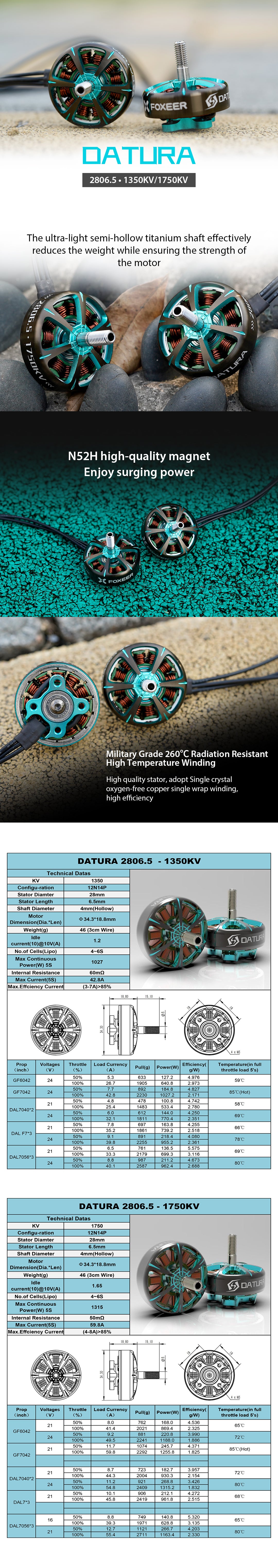 Foxeer Datura 2806.5 1350KV 1750KV FPV Motor, Foxyer Datura is a high-performance FPV motor with lightweight titanium shaft and military-grade components.