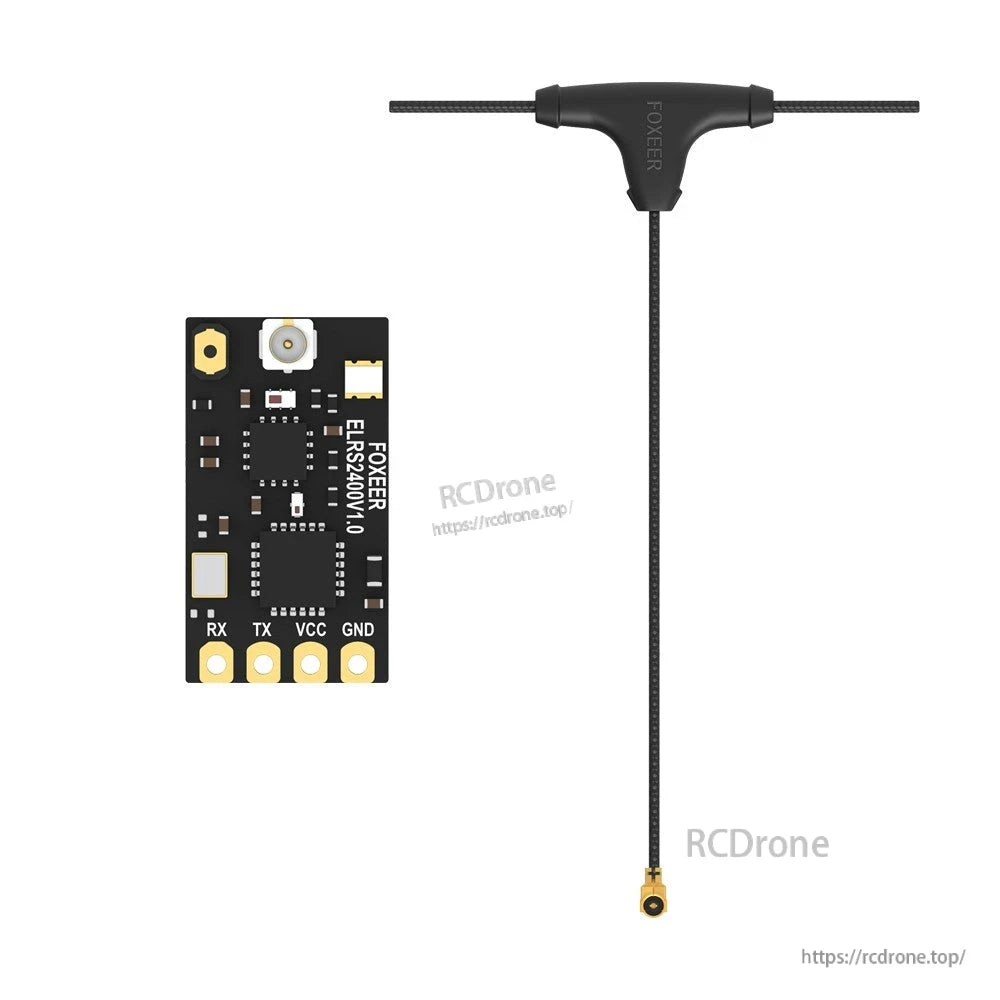Foxeer ELRS 2.4G receiver board with U.FL antenna connector, RX/TX/VCC/GND pads, and T-style antenna