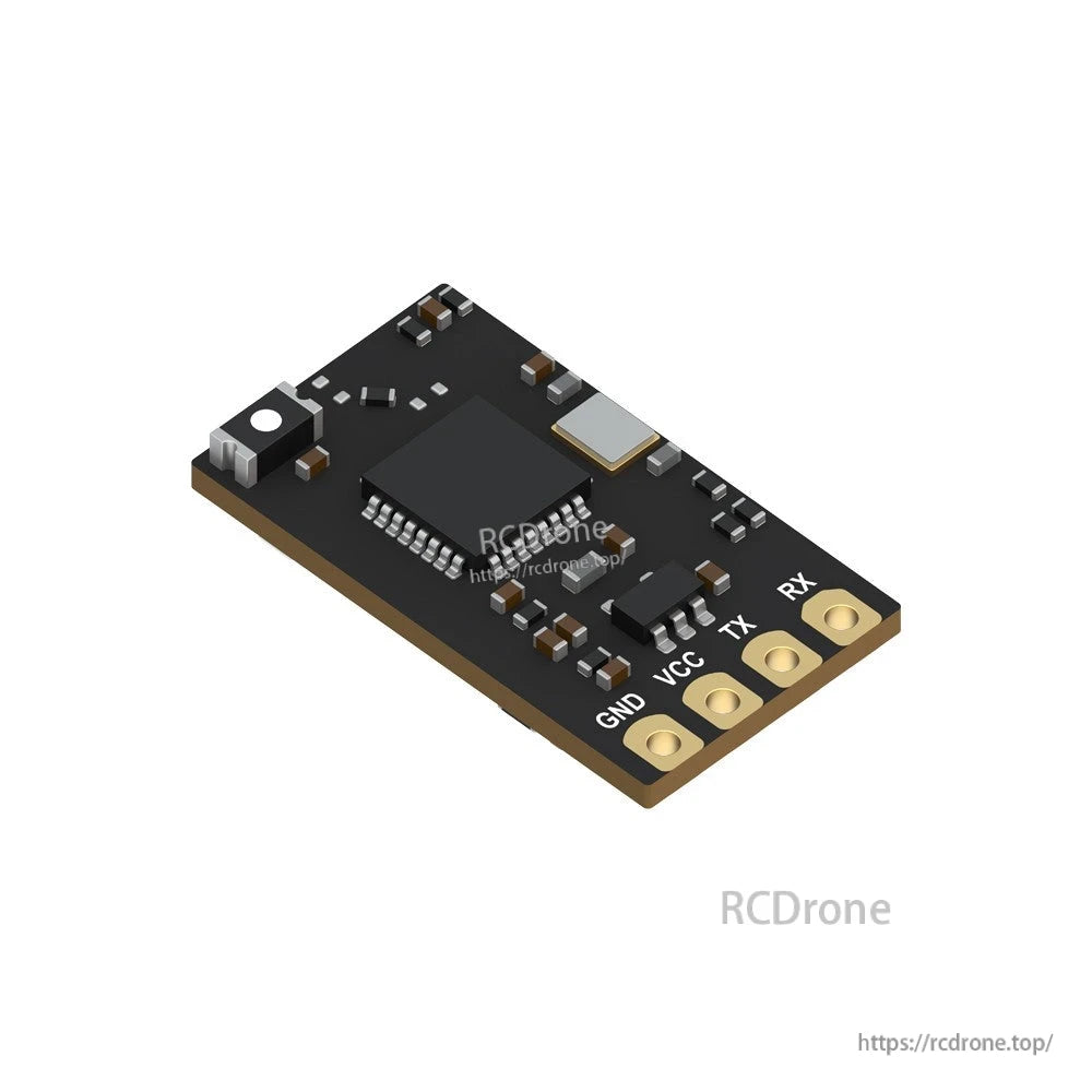 Foxeer ELRS 2.4G receiver PCB with labeled GND, VCC, TX and RX solder pads on a compact black board