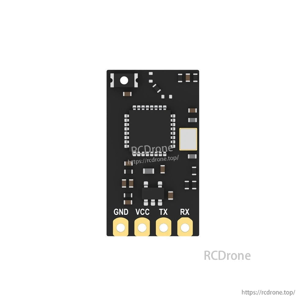 Foxeer ELRS 2.4G receiver PCB with solder pads labeled GND, VCC, TX and RX for UART wiring