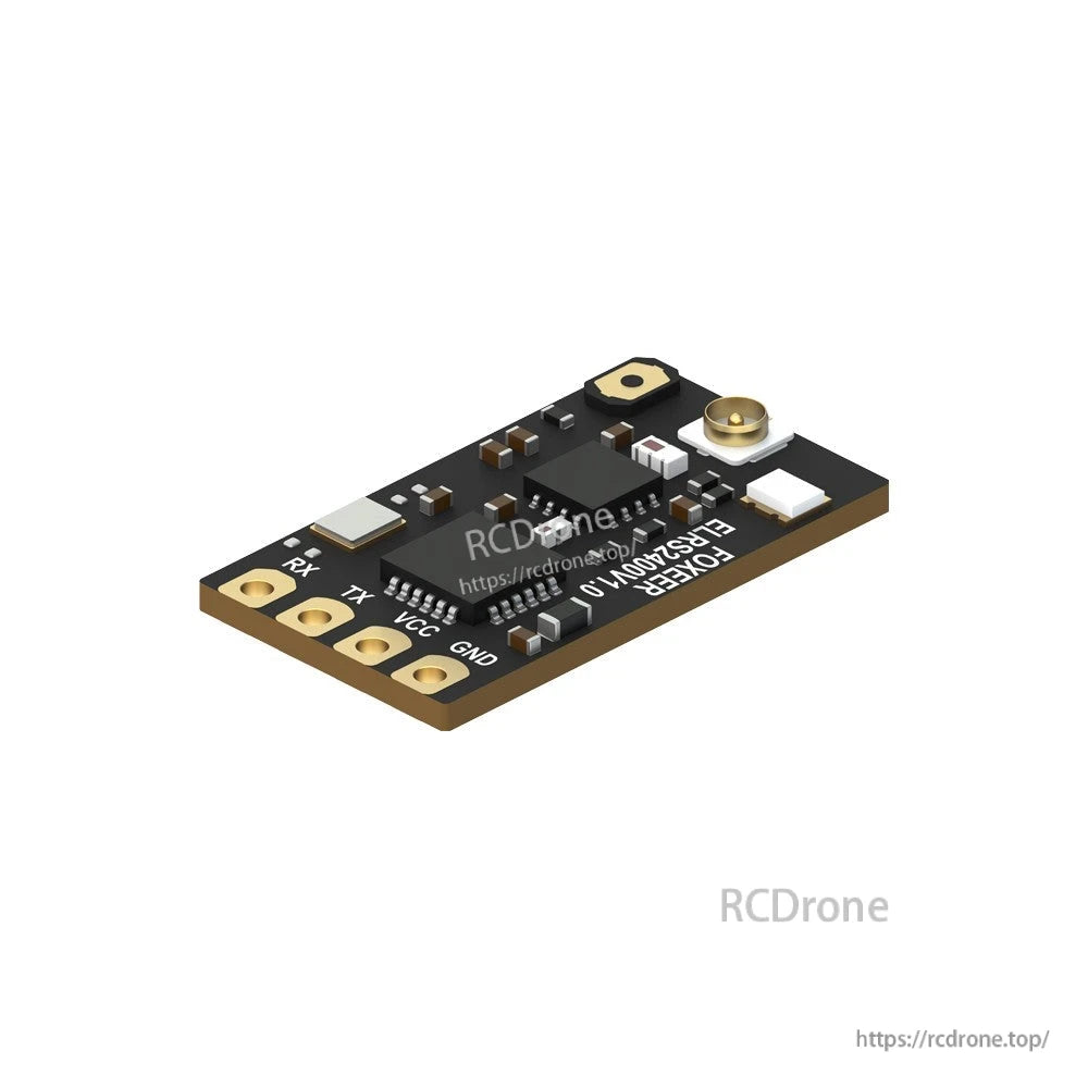 Foxeer ELRS 2.4G receiver PCB with RX/TX/VCC/GND solder pads and u.FL antenna connector