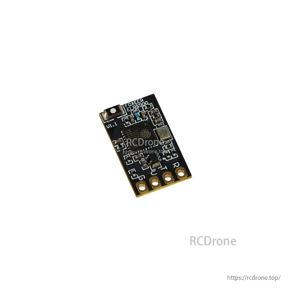 Foxeer ELRS 915/868MHz receiver board with surface-mount components and four solder pads for wiring