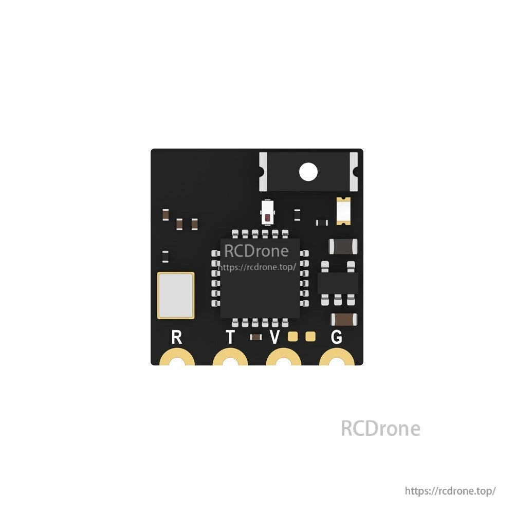 Compact Foxeer ELRS Lite 2.4G receiver PCB with solder pads labeled R, T, V and G