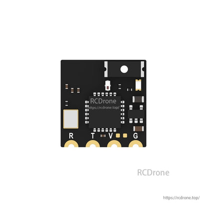 Compact Foxeer ELRS Lite 2.4G receiver PCB with solder pads labeled R, T, V and G