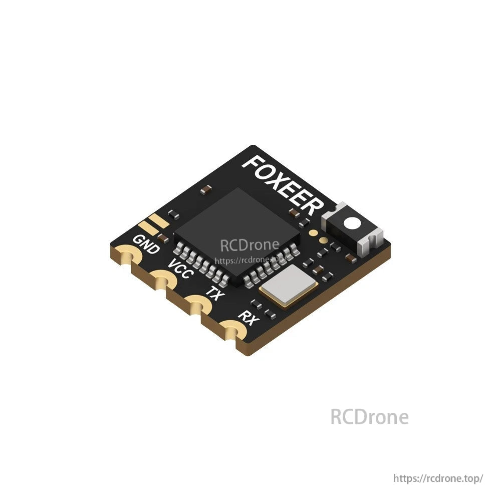 Foxeer ELRS Lite 2.4G receiver board with labeled GND, VCC, TX and RX solder pads on a compact PCB