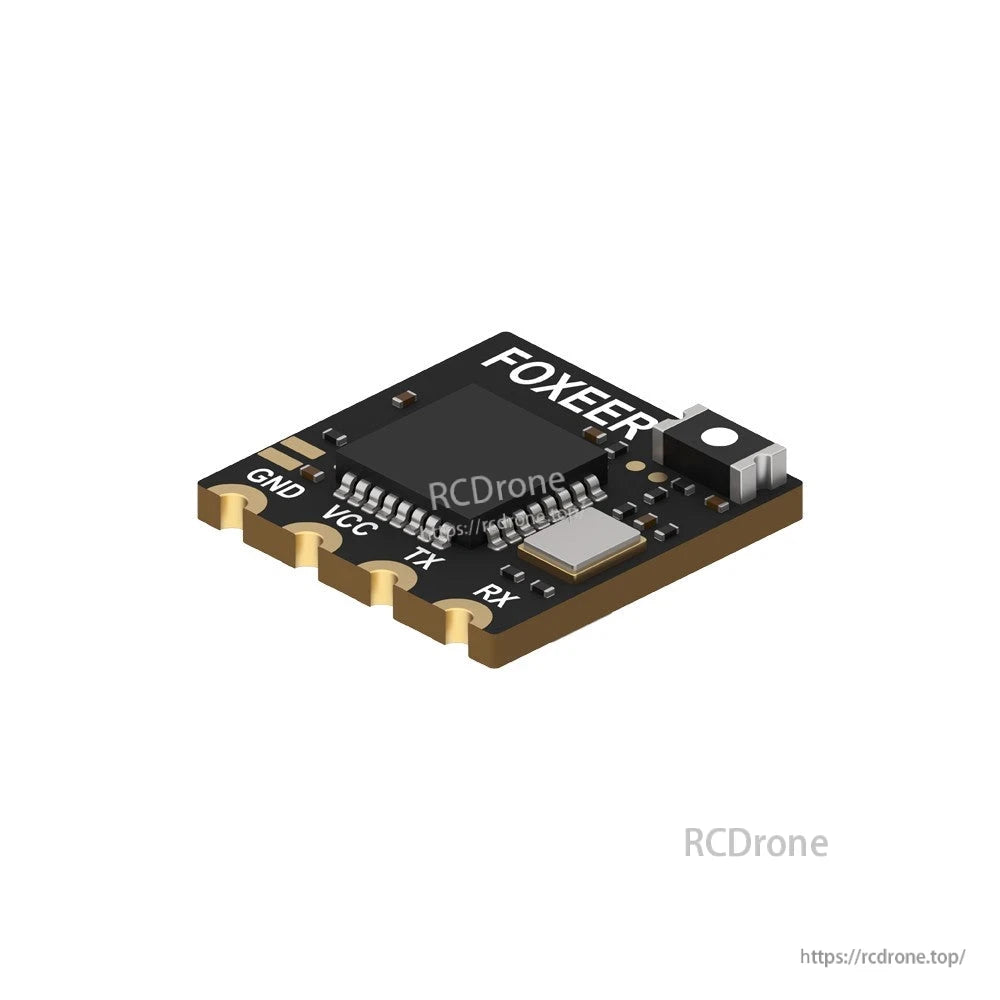 Foxeer ELRS Lite 2.4G receiver board with labeled GND, VCC, TX and RX solder pads and compact layout