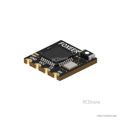 Foxeer ELRS Lite 2.4G receiver board with labeled GND, VCC, TX and RX solder pads and compact layout