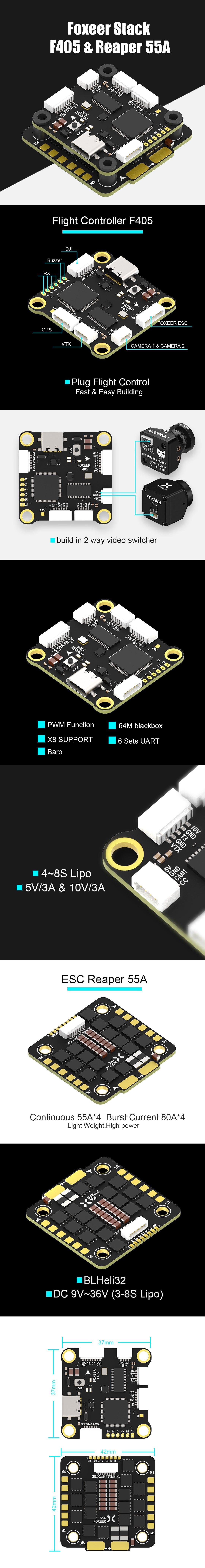 Foxeer F405 V2 Flight Controller features GPS, camera, PWM function, video switcher, and blackbox support for 4-8S LiPo R/C models.