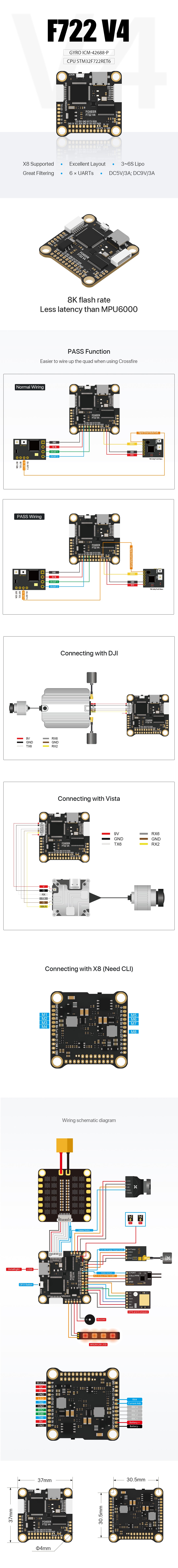 Foxeer F722 V4 Flight Controller features STM32F722RET6 CPU, ICM-42688-P gyro, and excellent layout for 3~6S lipo use.