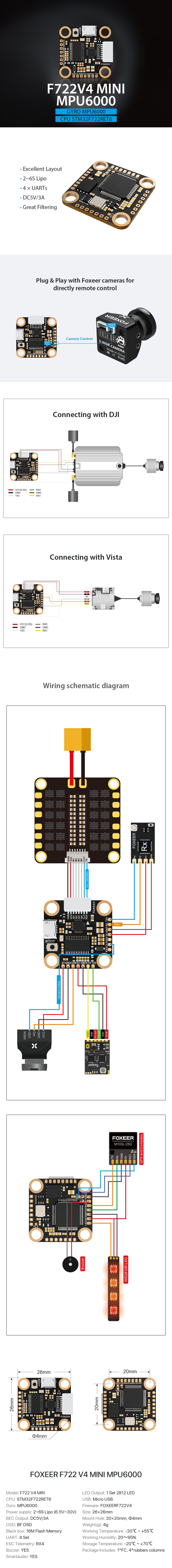 Foxeer F722 V4 Mini MPU6000 Flight Controller, Foxeer F722 V4 Mini flight controller with good layout, lipo battery support, and various interfaces.