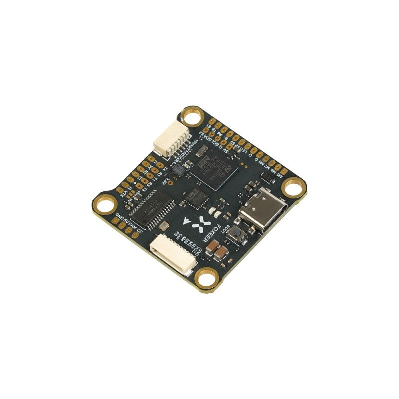 A flight controller with features like dual BEC, barometer, and FC, suitable for FPV and racing applications.