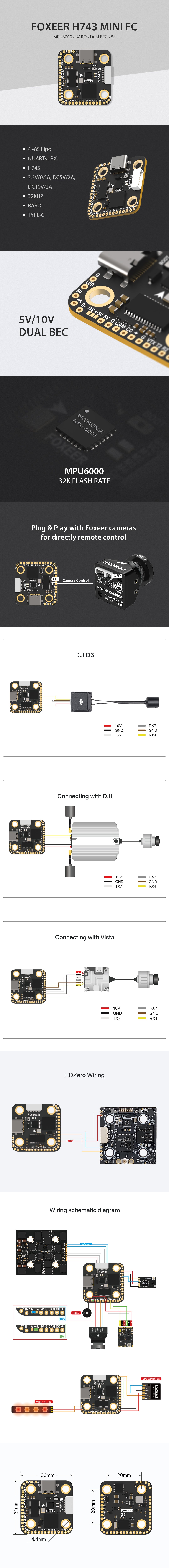 Foxeer H7 Mini FC with MPU6000 features 32K Flash Rate, dual BEC barometer, and supports 4-8S Lipo, UARTs, and RX.