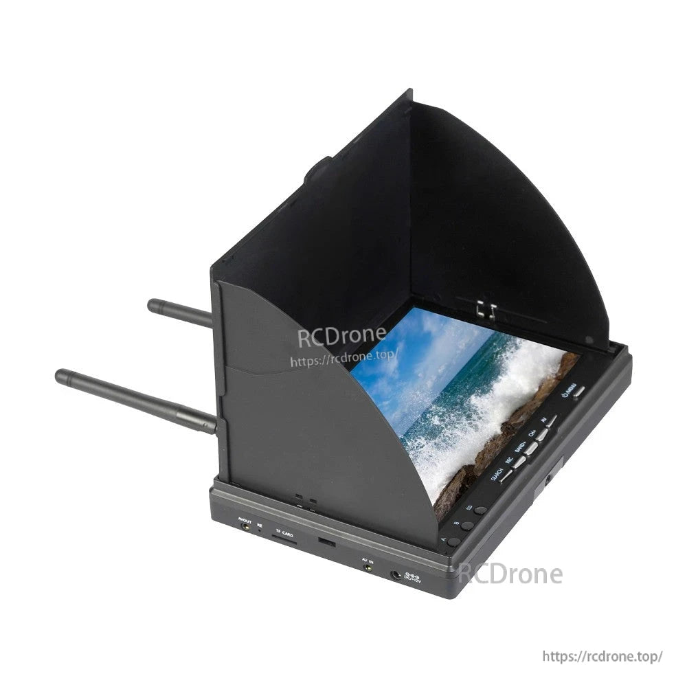 Foxeer LCD5802D 7" FPV Monitor, Foxeer LCD5802D 7-inch FPV monitor with sun hood, dual antennas, and front ports for AV in/out and TF card